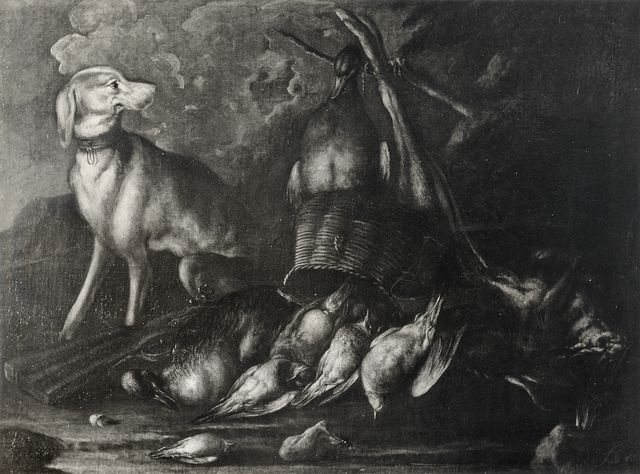 Anonimo — De Caro Baldassarre - sec. XVIII - Natura morta con selvaggina e cane — insieme